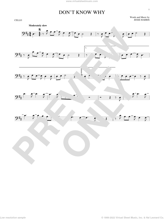 Don't Know Why sheet music for cello solo by Norah Jones and Jesse Harris, intermediate skill level