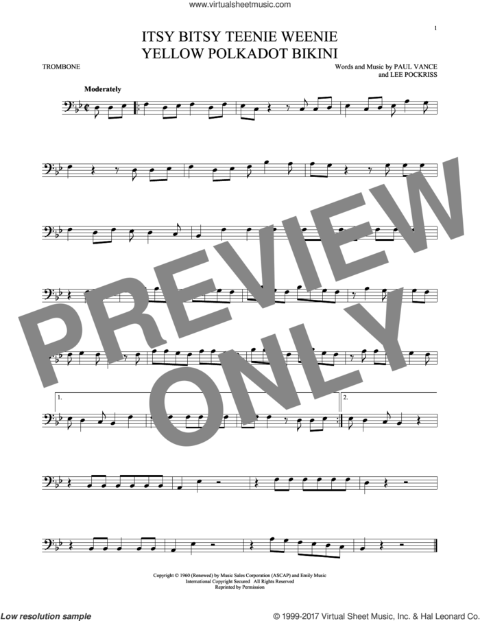 Itsy Bitsy Teenie Weenie Yellow Polkadot Bikini sheet music for trombone solo by Brian Hyland, Lee Pockriss and Paul Vance, intermediate skill level