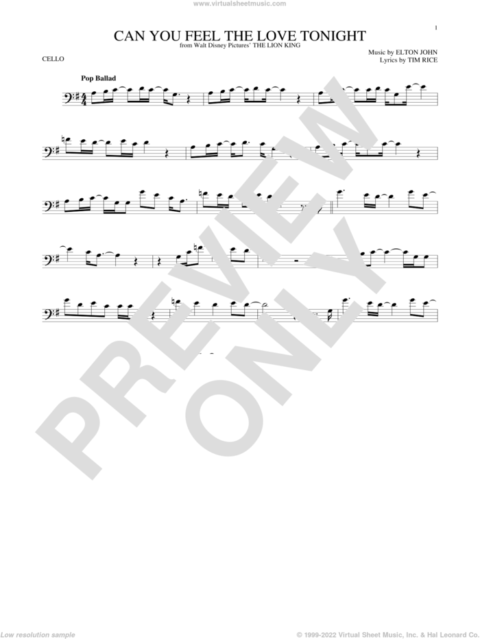 Can You Feel The Love Tonight (from The Lion King) sheet music for cello solo by Elton John and Tim Rice, wedding score, intermediate skill level