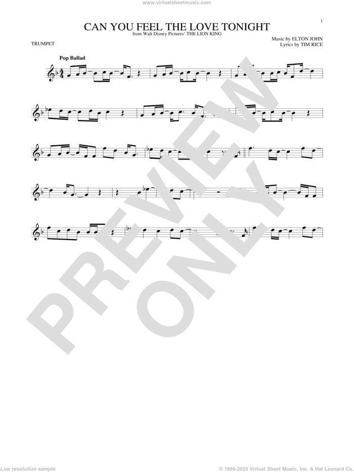 Can You Feel The Love Tonight (from The Lion King) sheet music for trumpet solo by Elton John and Tim Rice, wedding score, intermediate skill level