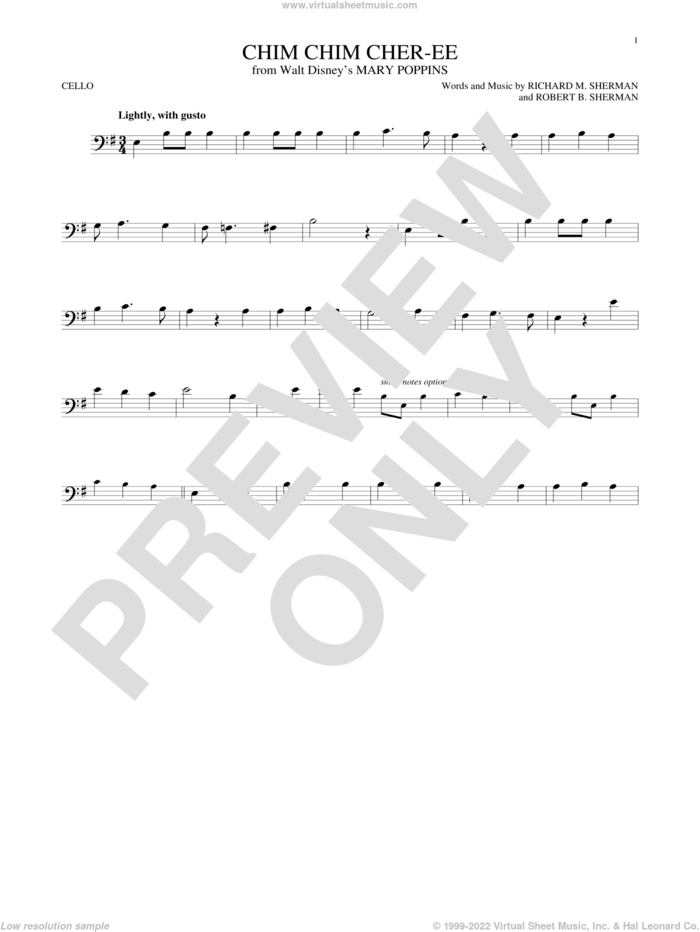 Chim Chim Cher-ee (from Mary Poppins) sheet music for cello solo by Sherman Brothers, Dick Van Dyke, Richard M. Sherman and Robert B. Sherman, intermediate skill level
