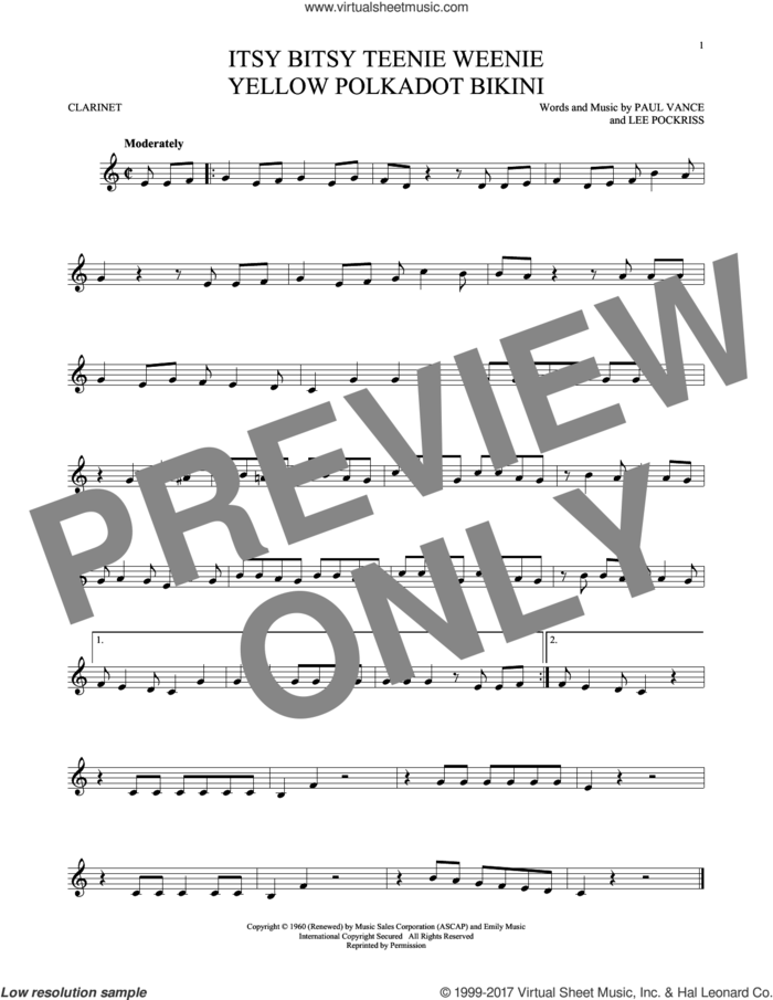 Itsy Bitsy Teenie Weenie Yellow Polkadot Bikini sheet music for clarinet solo by Brian Hyland, Lee Pockriss and Paul Vance, intermediate skill level