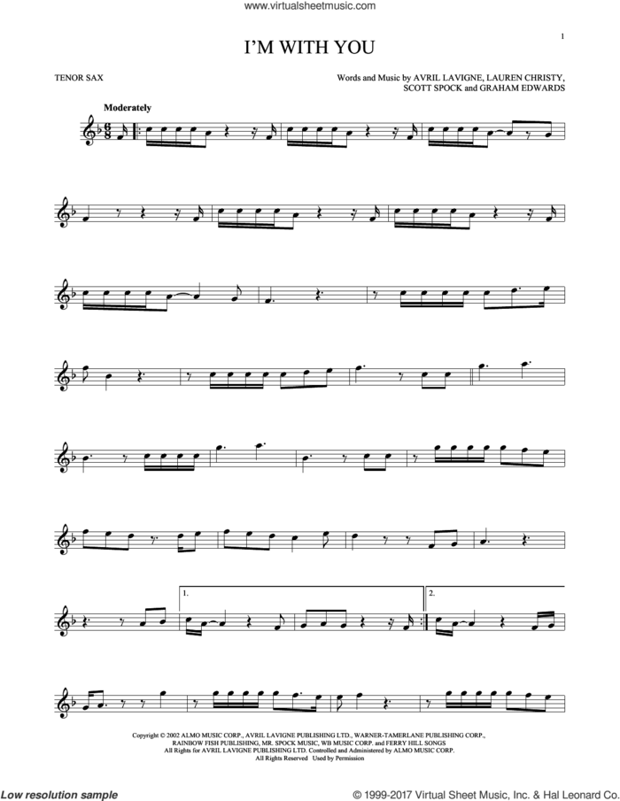 I'm With You sheet music for tenor saxophone solo by Avril Lavigne, Graham Edwards, Lauren Christy and Scott Spock, intermediate skill level