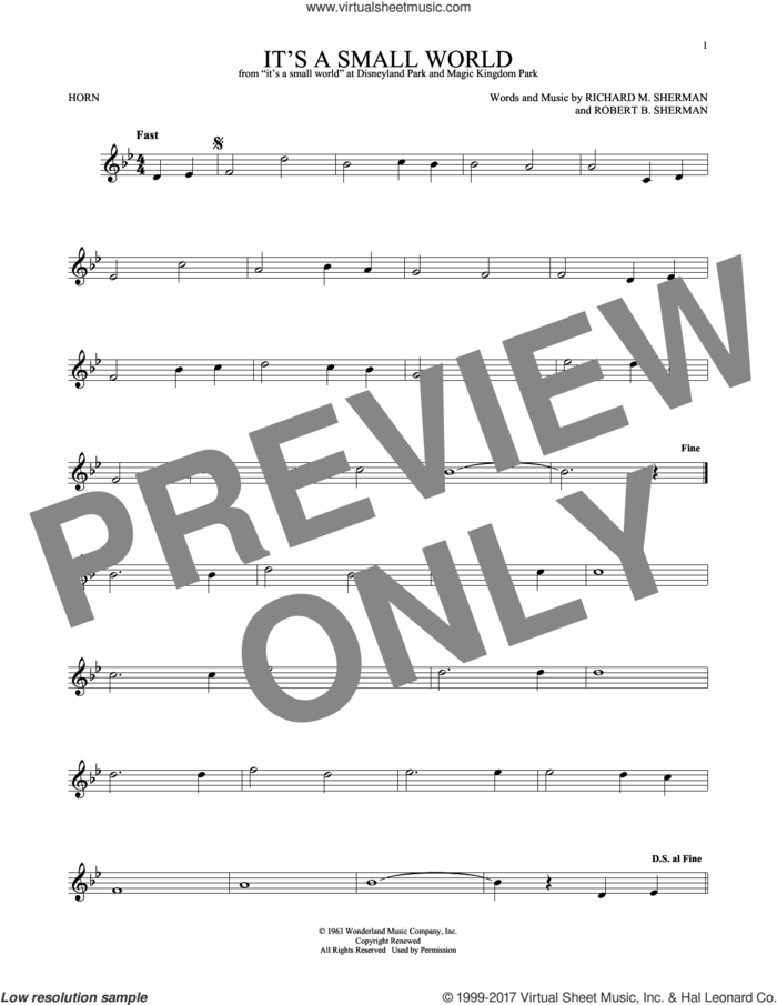 It's A Small World sheet music for horn solo by Sherman Brothers, Richard M. Sherman and Robert B. Sherman, intermediate skill level