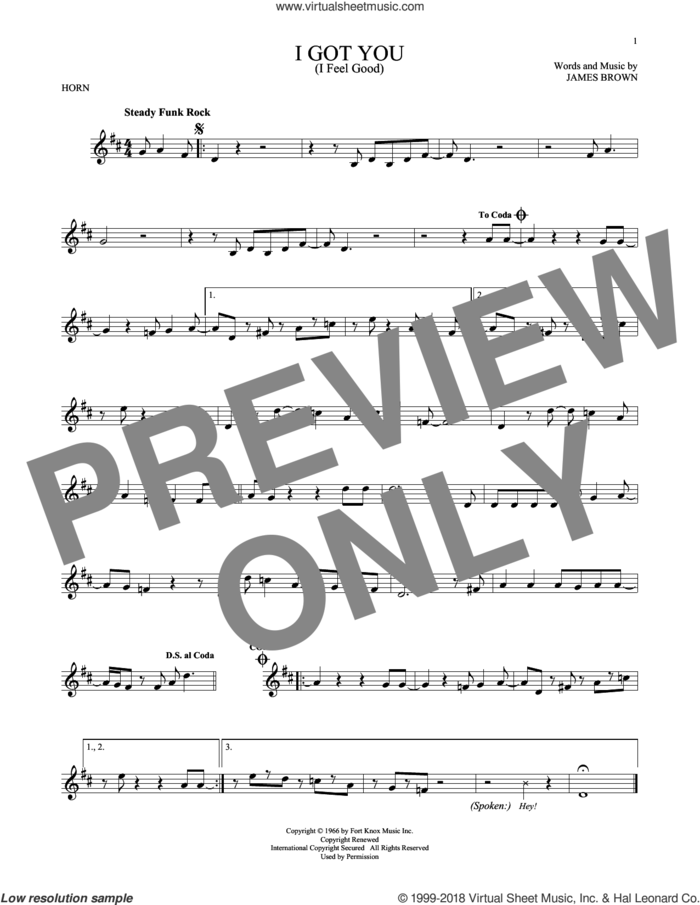 I Got You (I Feel Good) sheet music for horn solo by James Brown, intermediate skill level