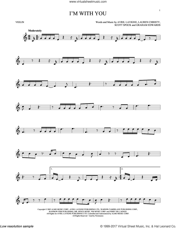 I'm With You sheet music for violin solo by Avril Lavigne, Graham Edwards, Lauren Christy and Scott Spock, intermediate skill level