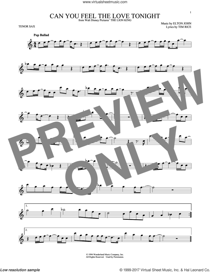 Can You Feel The Love Tonight (from The Lion King) sheet music for tenor saxophone solo by Elton John and Tim Rice, wedding score, intermediate skill level