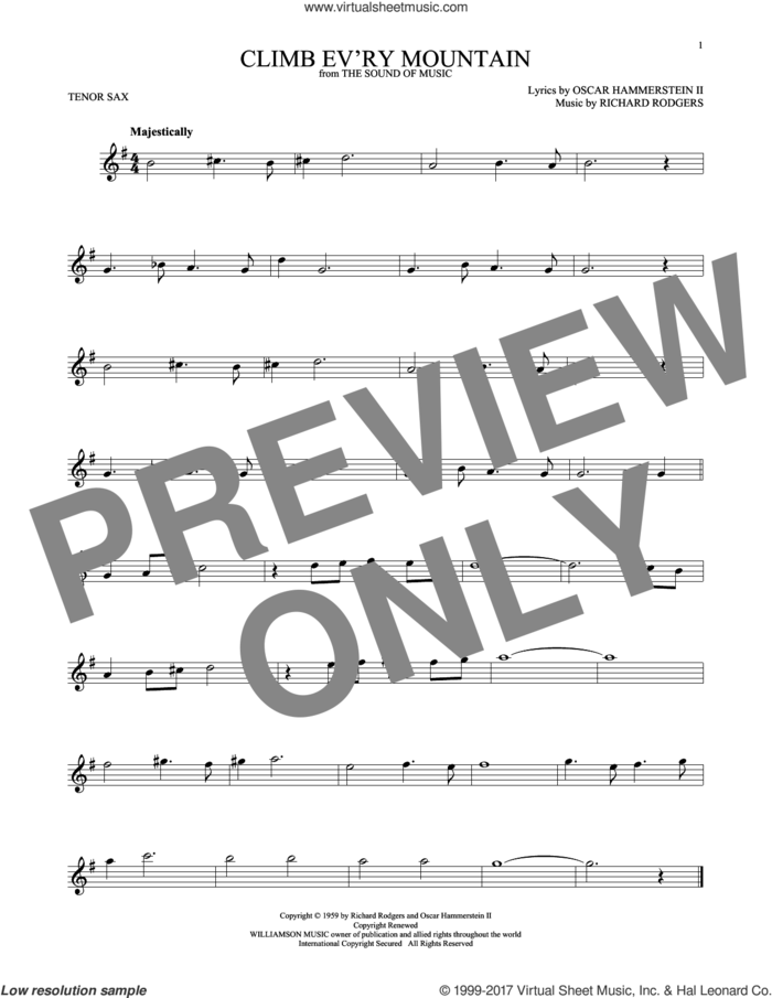 Climb Ev'ry Mountain (from The Sound of Music) sheet music for tenor saxophone solo by Rodgers & Hammerstein, Oscar II Hammerstein and Richard Rodgers, intermediate skill level