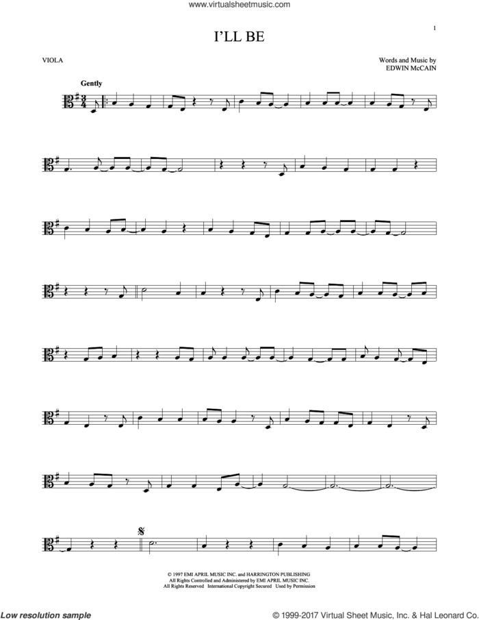 I'll Be sheet music for viola solo by Edwin McCain, wedding score, intermediate skill level