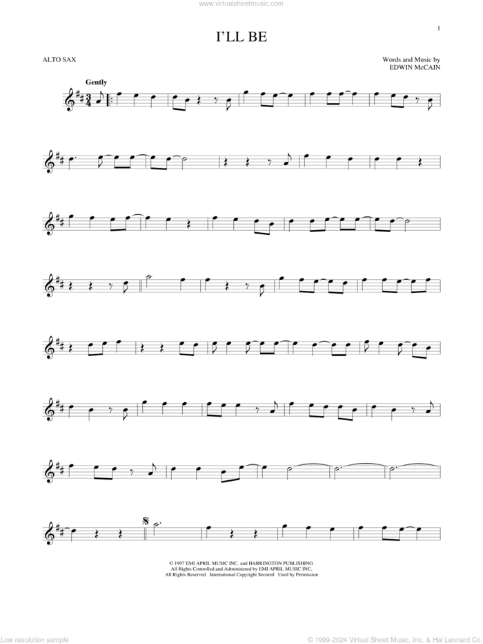 I'll Be sheet music for alto saxophone solo by Edwin McCain, wedding score, intermediate skill level