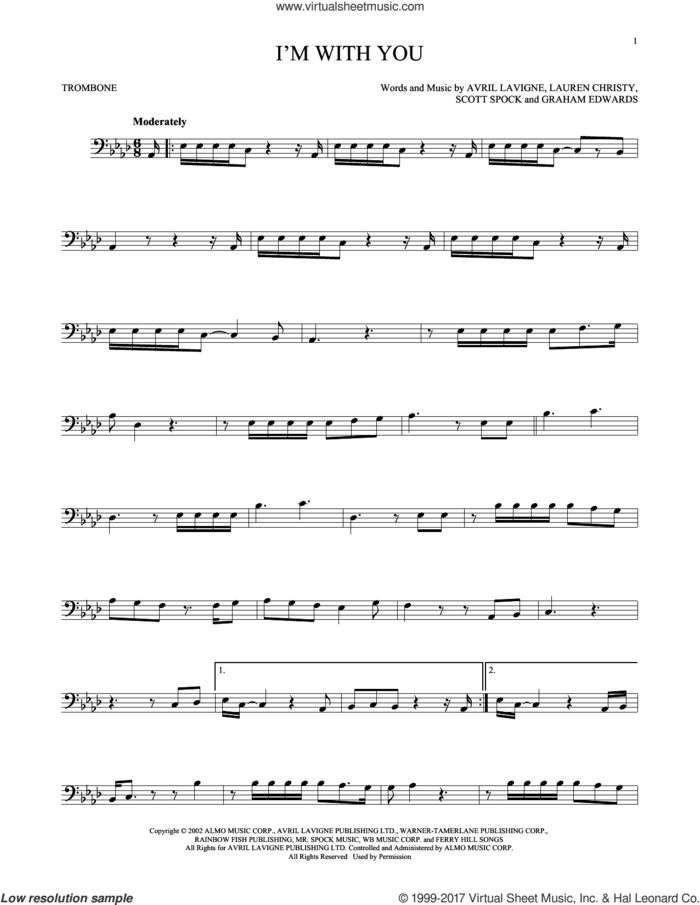 I'm With You sheet music for trombone solo by Avril Lavigne, Graham Edwards, Lauren Christy and Scott Spock, intermediate skill level