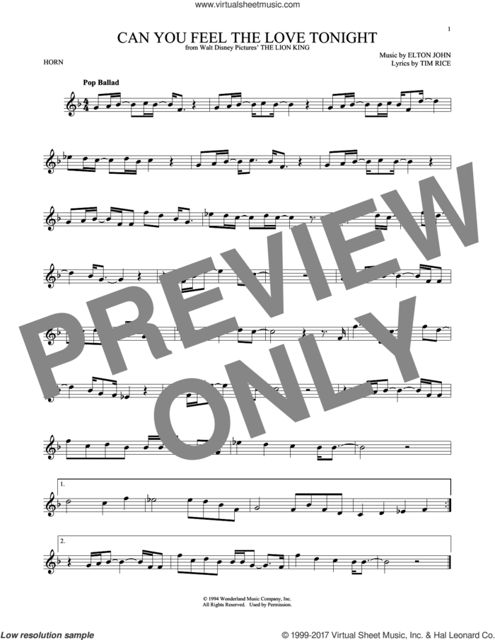Can You Feel The Love Tonight (from The Lion King) sheet music for horn solo by Elton John and Tim Rice, wedding score, intermediate skill level