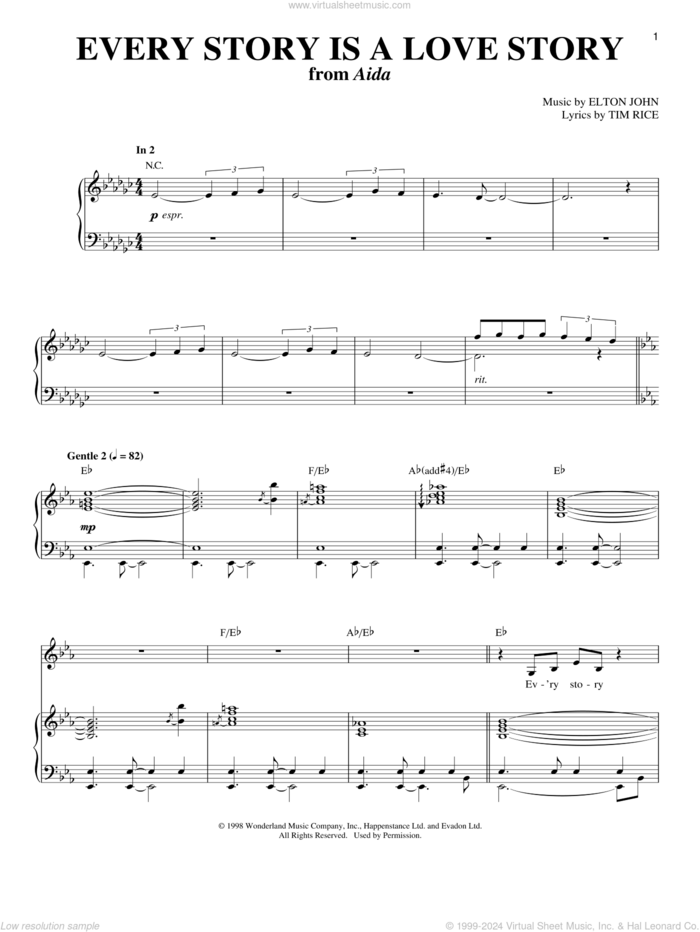 Every Story Is A Love Story sheet music for voice and piano by Elton John, Richard Walters and Tim Rice, intermediate skill level