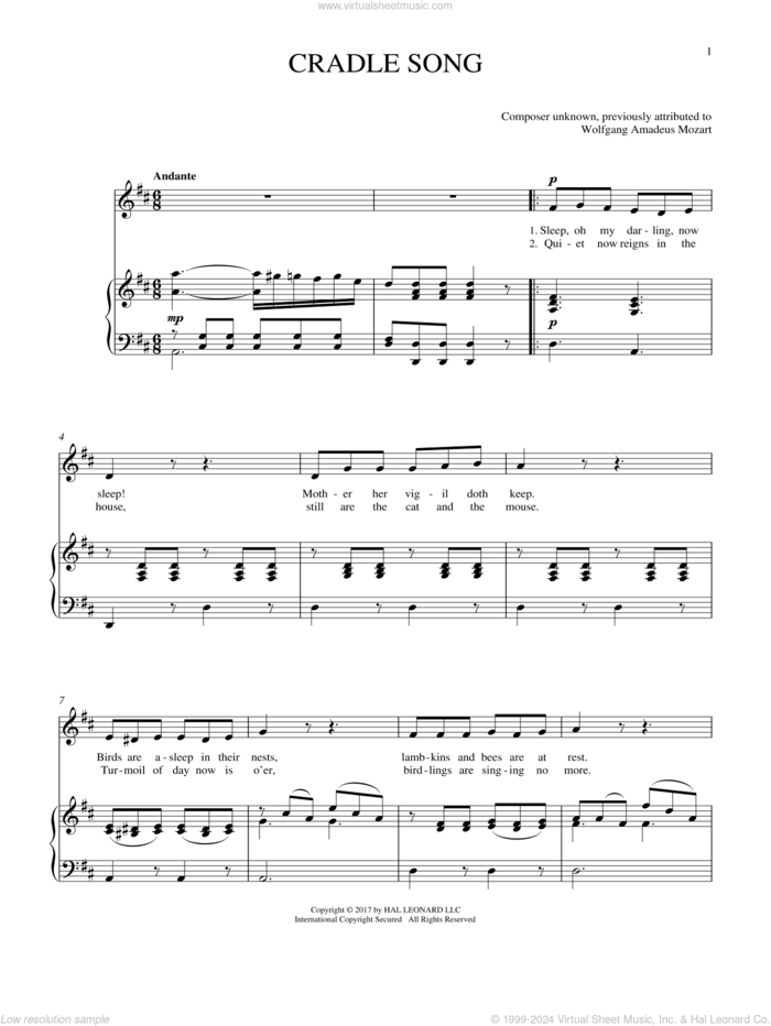 Cradle Song sheet music for voice and piano by Wolfgang Amadeus Mozart and Joan Frey Boytim, intermediate skill level