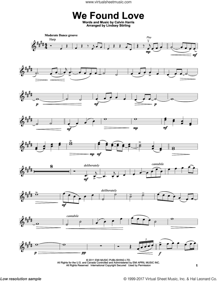 We Found Love sheet music for violin solo by Lindsey Stirling, Rihanna featuring Calvin Harris and Calvin Harris, wedding score, intermediate skill level
