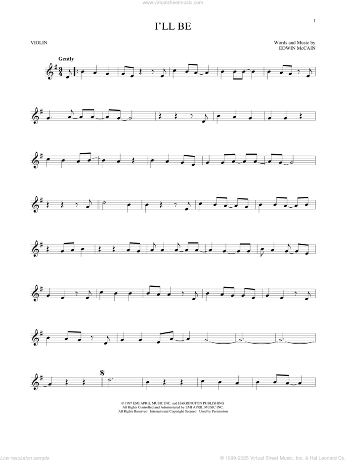 I'll Be sheet music for violin solo by Edwin McCain, wedding score, intermediate skill level