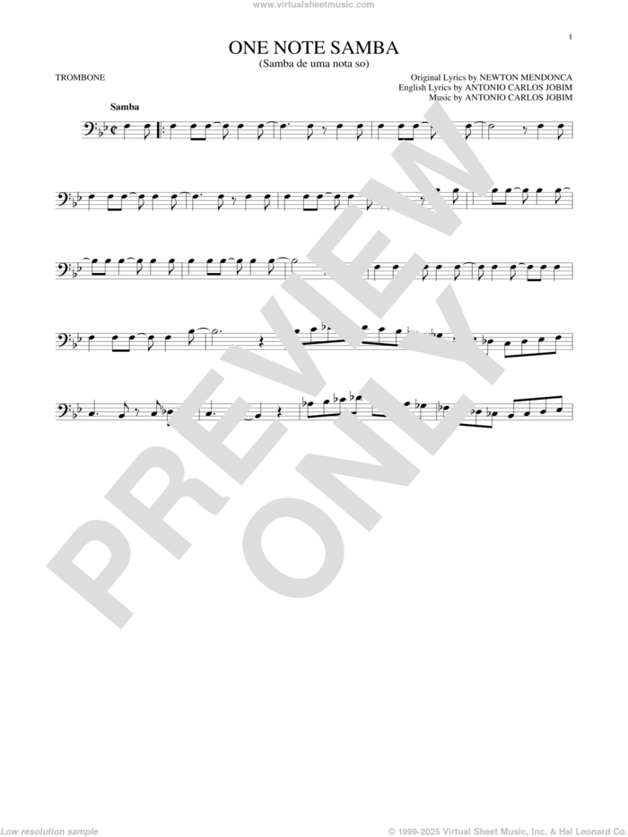 One Note Samba (Samba De Uma Nota So) sheet music for trombone solo by Antonio Carlos Jobim, Pat Thomas and Newton Mendonca, intermediate skill level