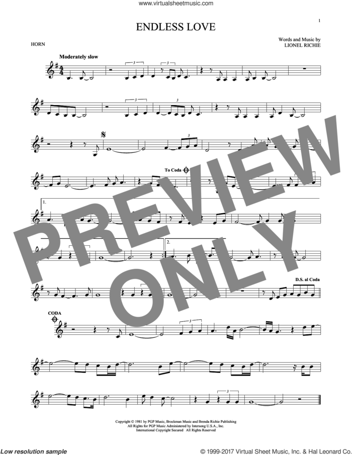 Endless Love sheet music for horn solo by Diana Ross & Lionel Richie and Lionel Richie, wedding score, intermediate skill level