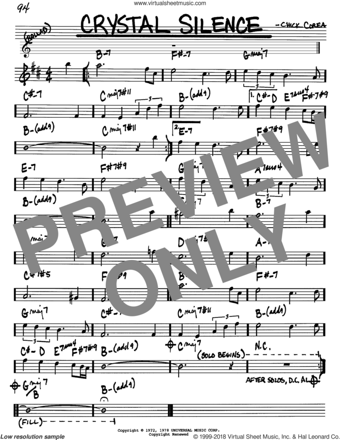 Crystal Silence sheet music for voice and other instruments (in Bb) by Chick Corea and Neville Potter, intermediate skill level