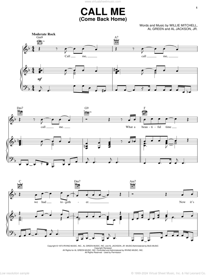 Call Me (Come Back Home) sheet music for voice, piano or guitar by Al Green, Al Jackson, Jr., Jr., Al Jackson and Willie Mitchell, intermediate skill level