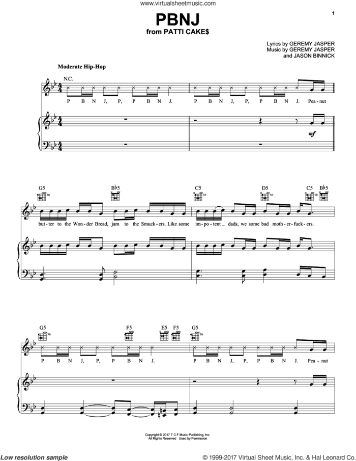 PBNJ sheet music for voice, piano or guitar by Jason Binnick and Geremy Jasper, intermediate skill level