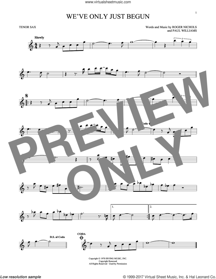 We've Only Just Begun sheet music for tenor saxophone solo by Carpenters, Paul Williams and Roger Nichols, wedding score, intermediate skill level