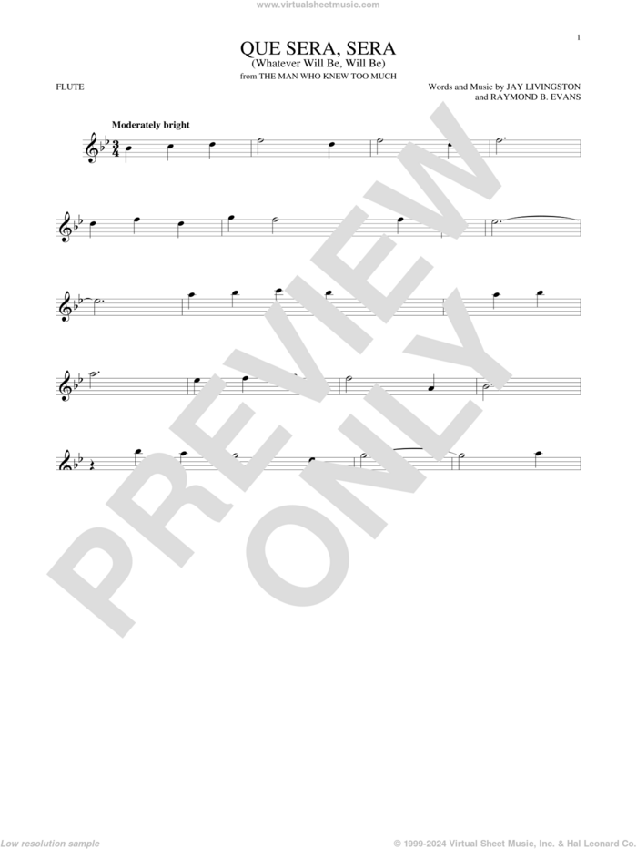 Que Sera, Sera (Whatever Will Be, Will Be) sheet music for flute solo by Doris Day, Jay Livingston and Raymond B. Evans, intermediate skill level