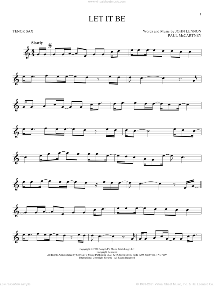 Let It Be sheet music for tenor saxophone solo by The Beatles, John Lennon and Paul McCartney, intermediate skill level