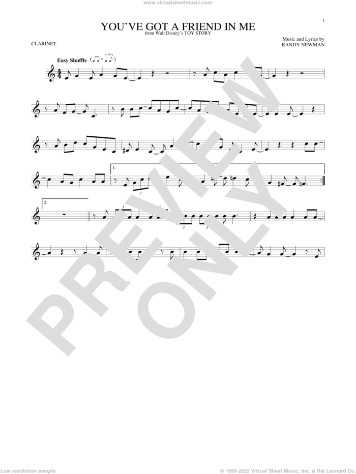 You've Got A Friend In Me (from Toy Story) sheet music for clarinet solo by Randy Newman, intermediate skill level