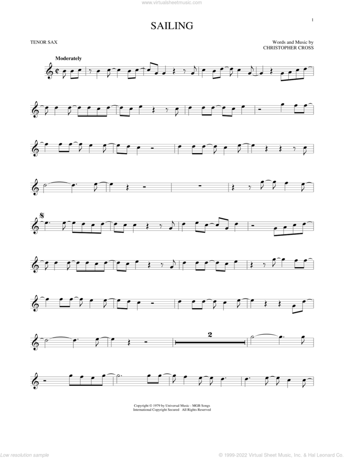Sailing sheet music for tenor saxophone solo by 'N Sync and Christopher Cross, intermediate skill level