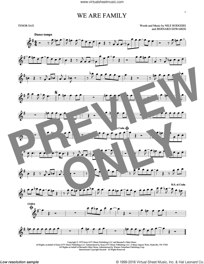 We Are Family sheet music for tenor saxophone solo by Sister Sledge, Bernard Edwards and Nile Rodgers, wedding score, intermediate skill level