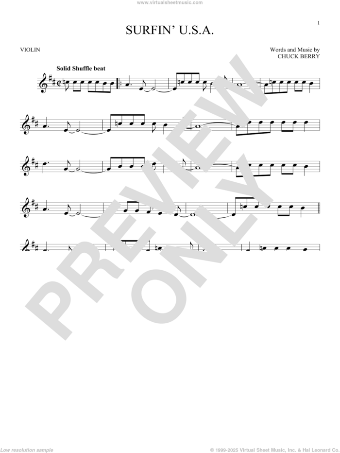 Surfin' U.S.A. sheet music for violin solo by The Beach Boys and Chuck Berry, intermediate skill level