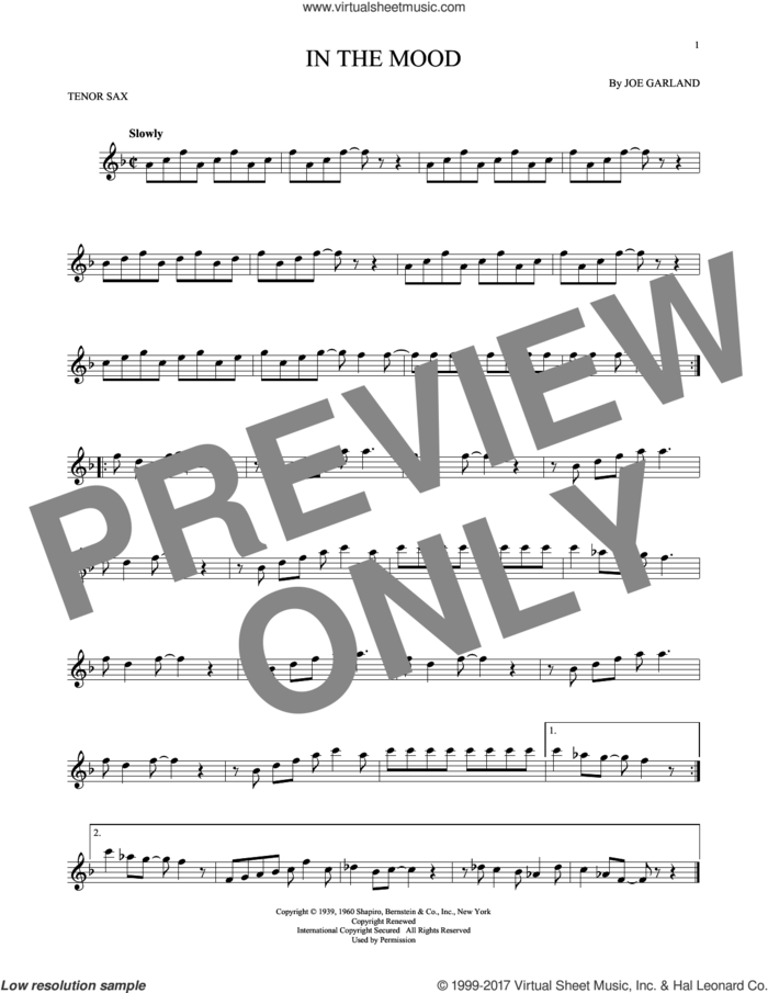 In The Mood sheet music for tenor saxophone solo by Joe Garland and Glenn Miller & His Orchestra, intermediate skill level