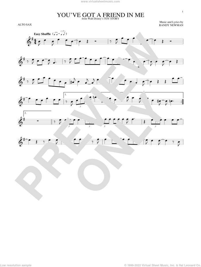 You've Got A Friend In Me (from Toy Story) sheet music for alto saxophone solo by Randy Newman, intermediate skill level
