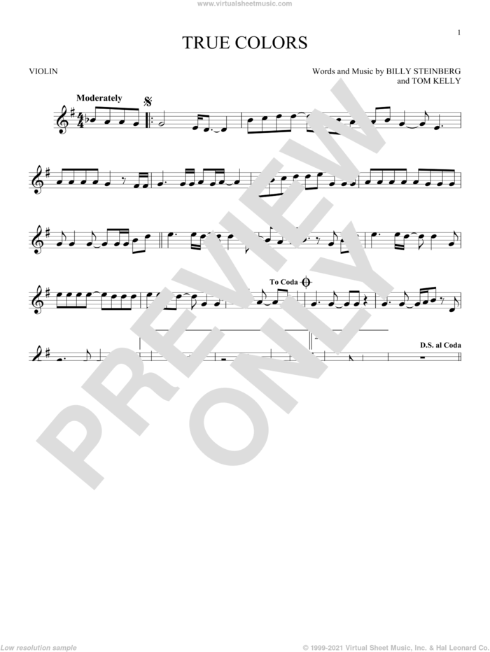 True Colors sheet music for violin solo by Cyndi Lauper, Billy Steinberg and Tom Kelly, intermediate skill level