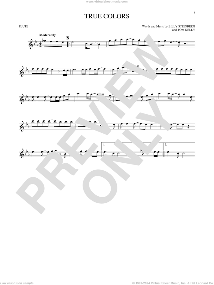 True Colors sheet music for flute solo by Cyndi Lauper, Billy Steinberg and Tom Kelly, intermediate skill level