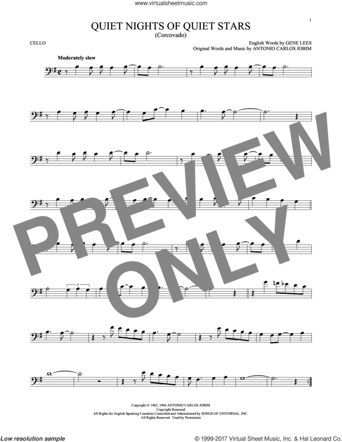 Quiet Nights Of Quiet Stars (Corcovado) sheet music for cello solo by Antonio Carlos Jobim, Andy Williams and Eugene John Lees, intermediate skill level