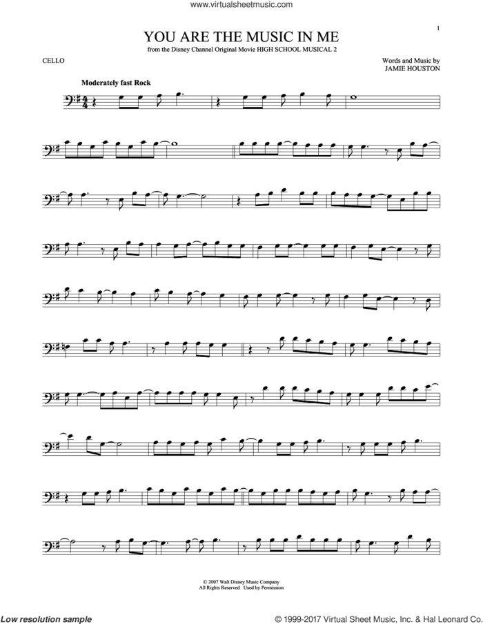 You Are The Music In Me (from High School Musical 2) sheet music for cello solo by Zac Efron and Vanessa Anne Hudgens and Jamie Houston, intermediate skill level