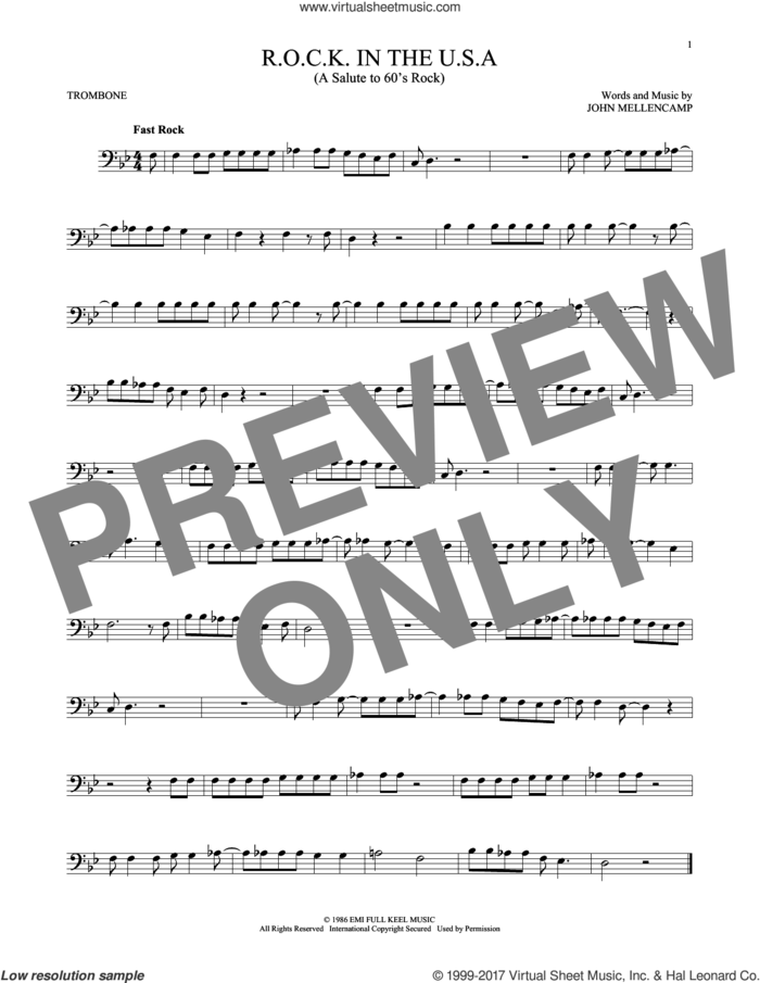 R.O.C.K. In The U.S.A. (A Salute To 60's Rock) sheet music for trombone solo by John Mellencamp, intermediate skill level