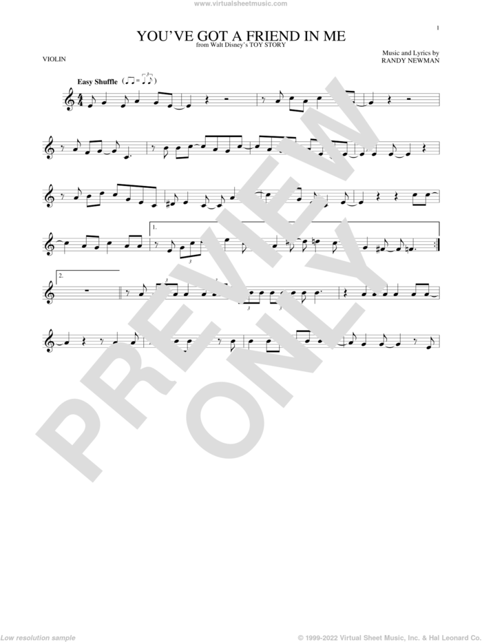 You've Got A Friend In Me (from Toy Story) sheet music for violin solo by Randy Newman, intermediate skill level