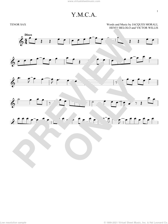 Y.M.C.A. sheet music for tenor saxophone solo by Village People, Henri Belolo, Jacques Morali and Victor Willis, intermediate skill level