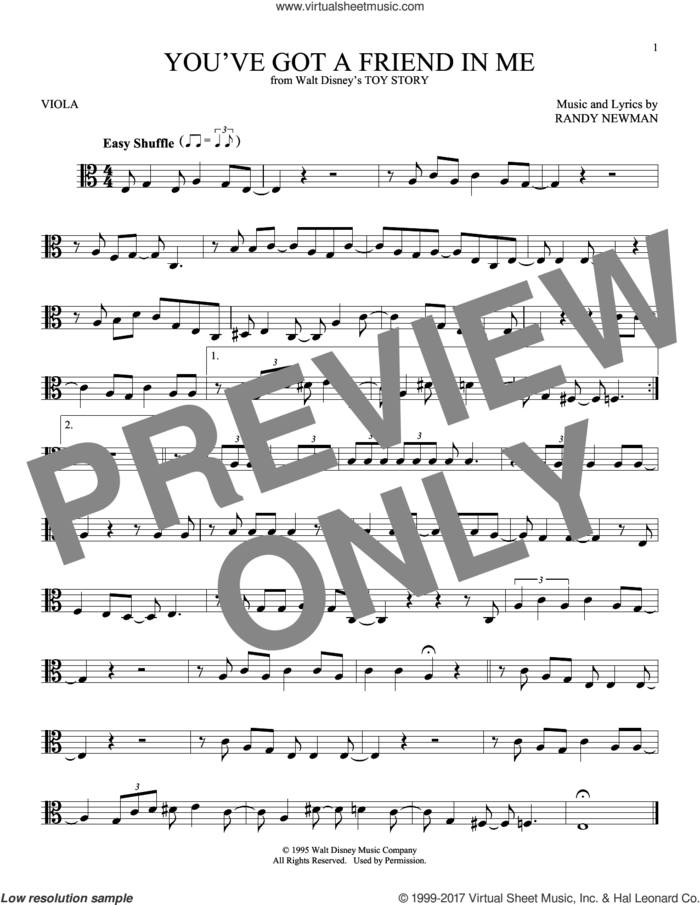 You've Got A Friend In Me (from Toy Story) sheet music for viola solo by Randy Newman, intermediate skill level