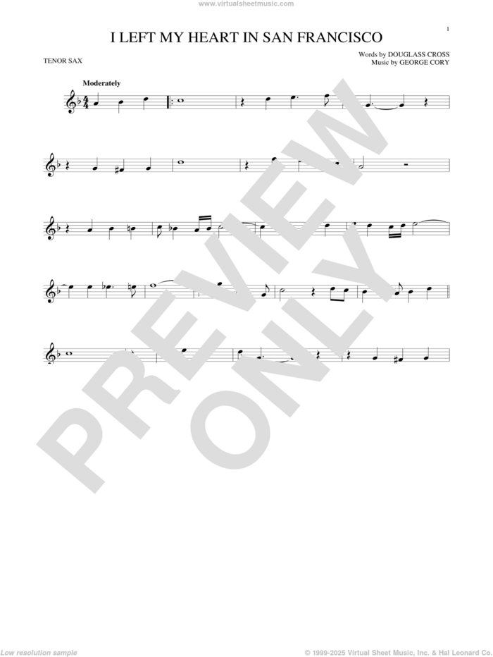 I Left My Heart In San Francisco sheet music for tenor saxophone solo by Tony Bennett, Douglass Cross and George Cory, intermediate skill level