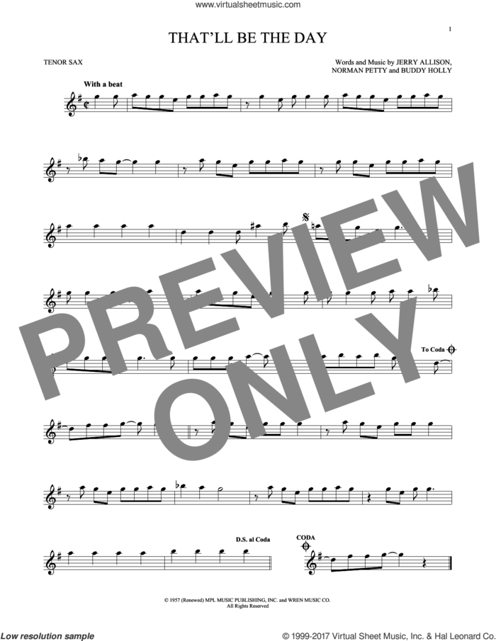 That'll Be The Day sheet music for tenor saxophone solo by The Crickets, Buddy Holly, Jerry Allison and Norman Petty, intermediate skill level