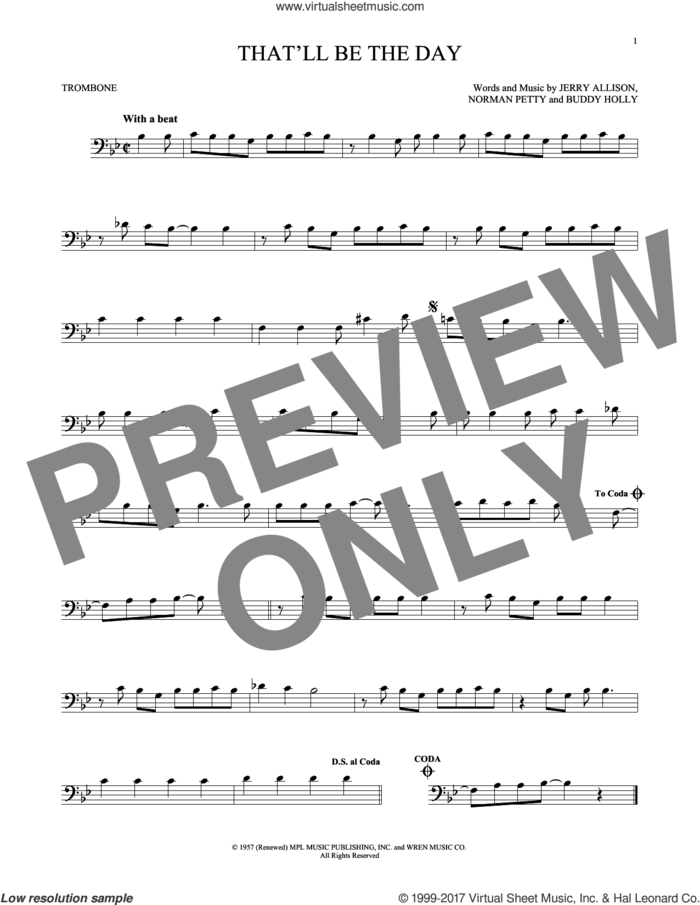 That'll Be The Day sheet music for trombone solo by The Crickets, Buddy Holly, Jerry Allison and Norman Petty, intermediate skill level
