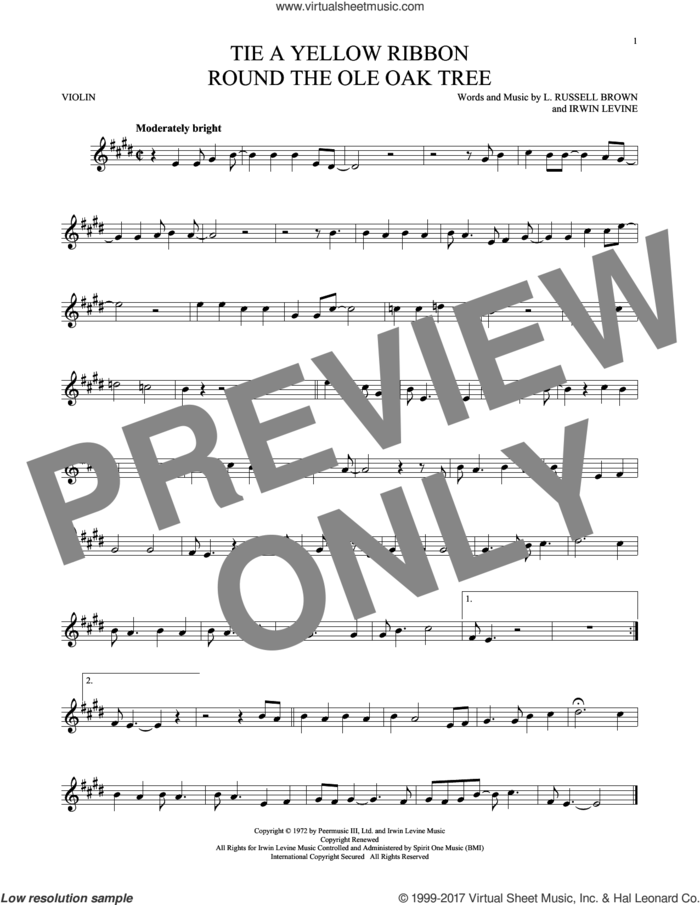 Tie A Yellow Ribbon Round The Ole Oak Tree sheet music for violin solo by Dawn featuring Tony Orlando, Irwin Levine and L. Russell Brown, intermediate skill level