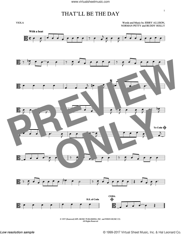 That'll Be The Day sheet music for viola solo by The Crickets, Buddy Holly, Jerry Allison and Norman Petty, intermediate skill level