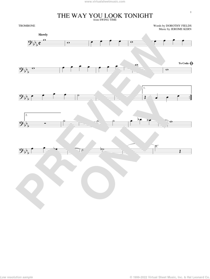 The Way You Look Tonight sheet music for trombone solo by Jerome Kern and Dorothy Fields, intermediate skill level