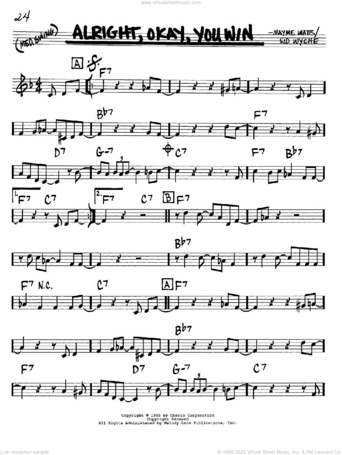 Alright, Okay, You Win sheet music for voice and other instruments (in Bb) by Peggy Lee, Mayme Watts and Sid Wyche, intermediate skill level