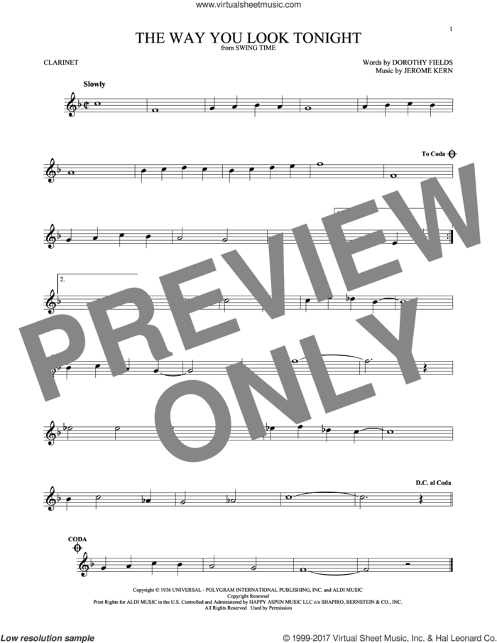 The Way You Look Tonight sheet music for clarinet solo by Jerome Kern and Dorothy Fields, wedding score, intermediate skill level